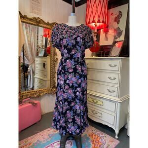 vintage 1990s black floral maxi dress crinkle rayon bias cut 90s fashion boho m